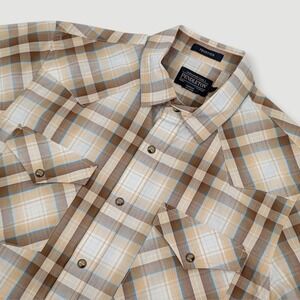 Pendleton Frontier Button Up Shirt Mens Large Brown Plaid Western Pearl Snap